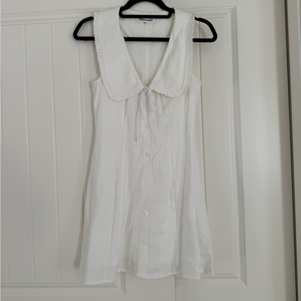 Reformation White Sleeveless Linen Mini Dress with Peter Pan Collar - Picture 4 of 7